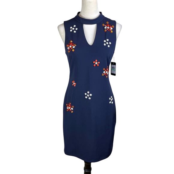 Guess NWT Navy Crepe Fabric Orange & White Bead Embellished Choker Sheath Dress - Picture 2 of 13